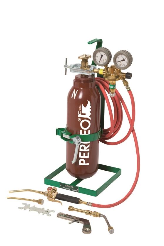 PERKEO TG16-A1 Dispositivo de montaje de acetileno para soldadura fuerte con botella llena y accesorios, M10x1 LH