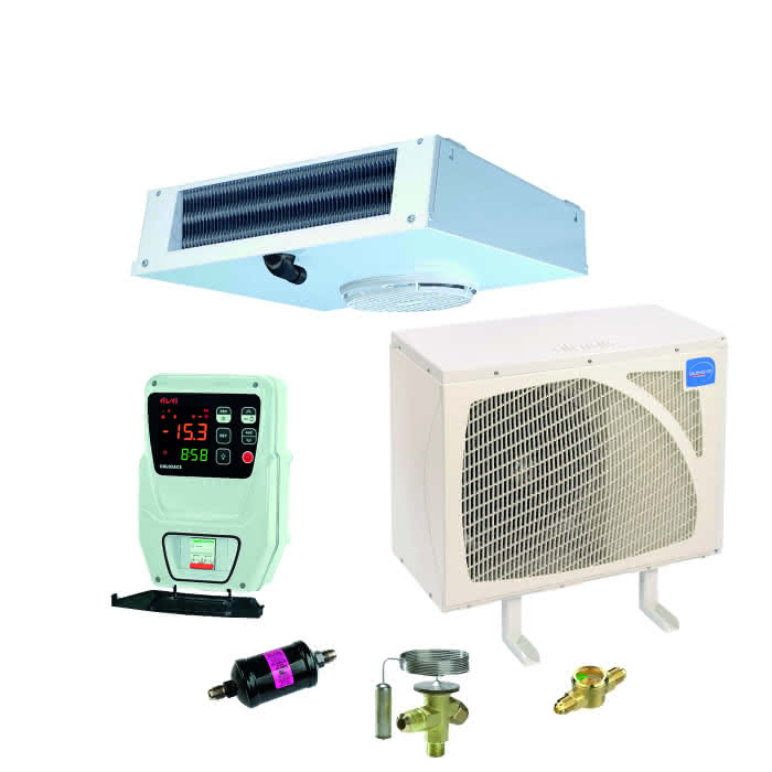 FrigoLine set di refrigerazione a raffreddamento normale con sbrinamento elettrico Installazione esterna, R513A/R134A, 0,85 kW, fino a 9 m³