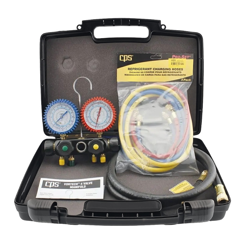 Kältemittel-Manometer, 4-Wege-Verteiler, Ladeschläuche, Manometersatz, Transportkoffer