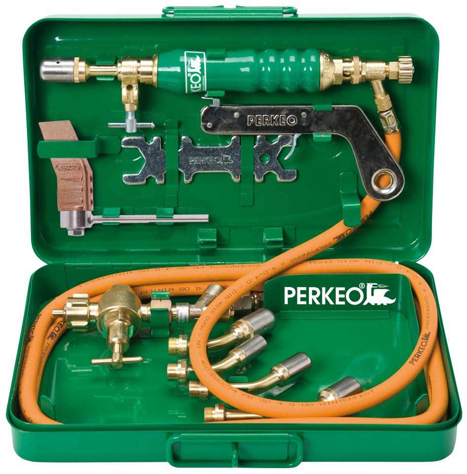 Dispositif de brasage tendre et de brasage au plomb au propane PERKEO avec pièce en cuivre dans un coffret en tôle d'acier pour bouteilles de 5 à 11 kg, M10x1 LH