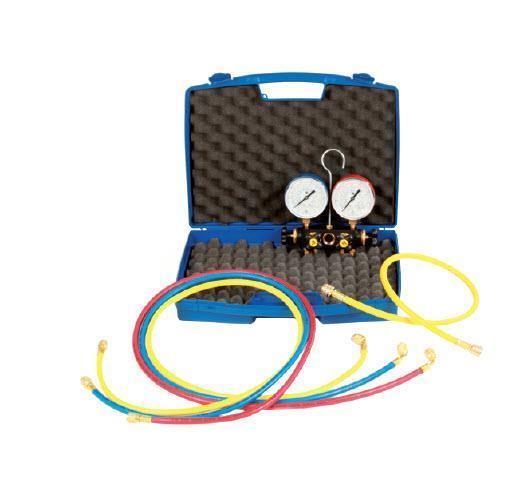 4-way assembly aid R410-R32 with unfilled pressure gauge Ø80, 3 filling hoses 150 cm, incl. case Wigam K-W4MSA4-5-CSA60
