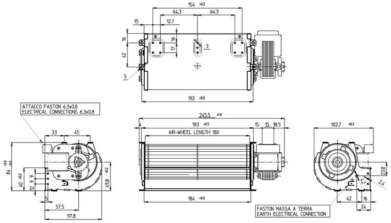 Dwarsstroomventilator, turbine 180x60 mm, motor rechts