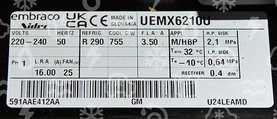 Jednostka skraplająca EMBRACO UEMX6210U MBP - R290, 220-240 V 50 Hz