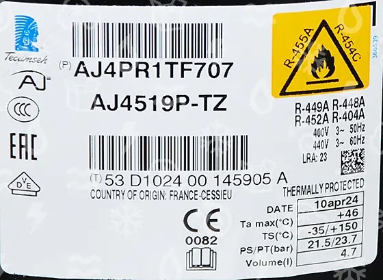 Compresor Tecumseh totalmente hermético AJ4519P-TZ M/HBP, R452A, R404A, R448A, R449A, R455A, R454C, 380-420V 3PH