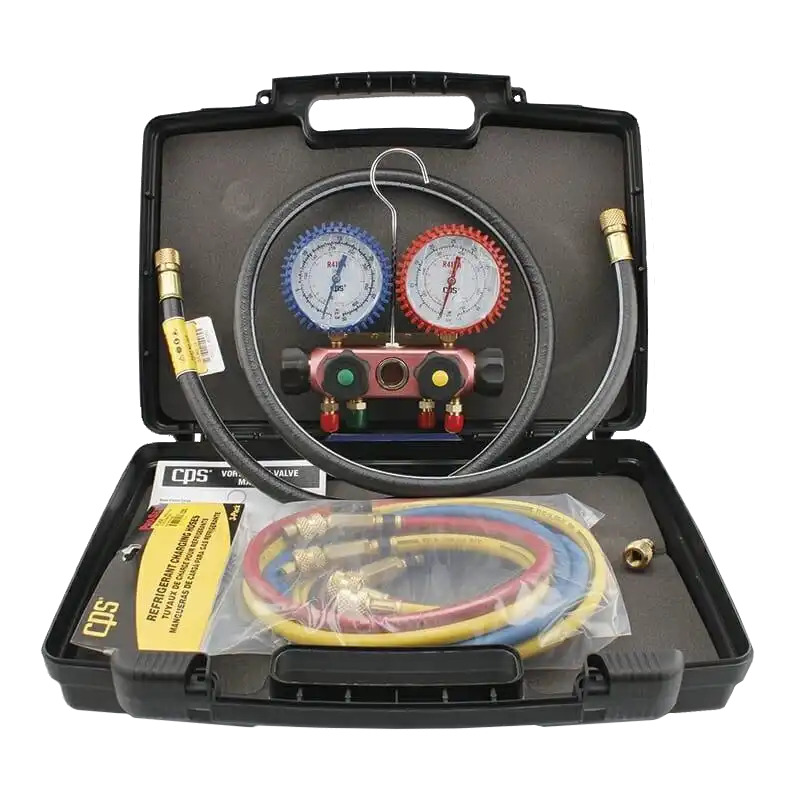 Kältemittel-Manometersatz, Druckmanometer, Füllschläuche, Rot-Blau-Manometer, Transportkoffer