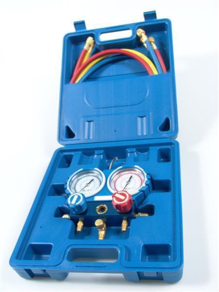2-way fitter's aid with 3 filling hoses, D=68 mm, with case VMG-2-R410A-B
