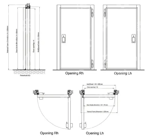 Kühlraum-Hochschiebetür RF mit Schwelle, PUR 60, 900 x1900 mm, RECHTS (mit Türgriff)