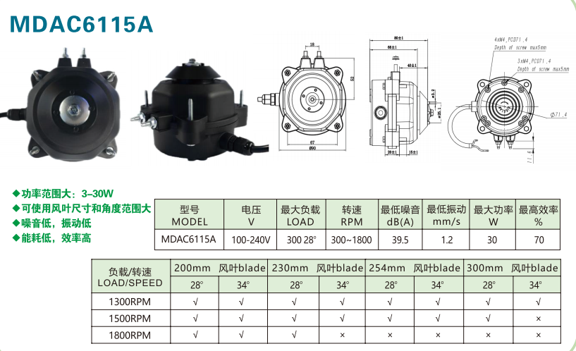 Energiebesparende ventilatormotor MDAC6115A, 100-240V/50-60Hz, 30 Watt, 1800 rpm