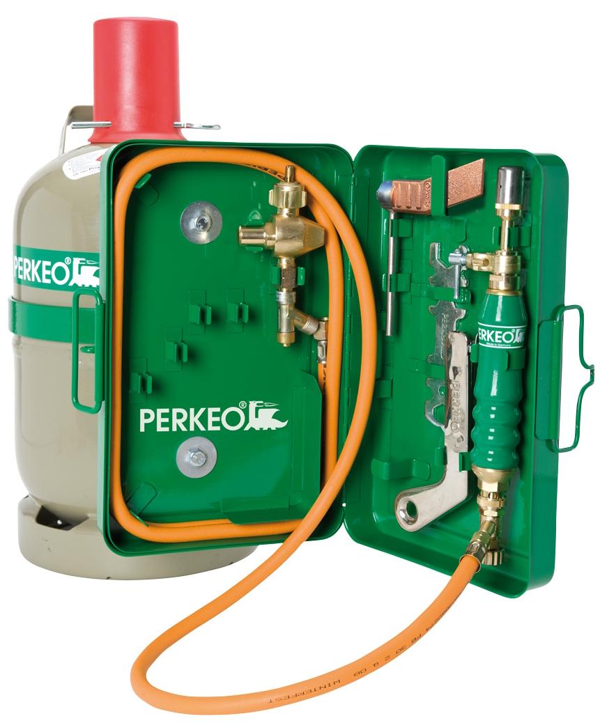 PERKEO BIG BROTHER Sistema de soldadura blanda de propano con pieza de cobre en caja de chapa de acero con botella de 5 kg, M10x1 LH