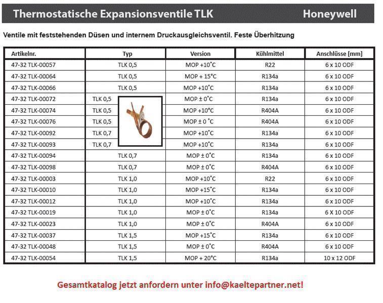 Thermostatic expansion valve Honeywell, TLK- 0.5; R134a, MOP +10°C