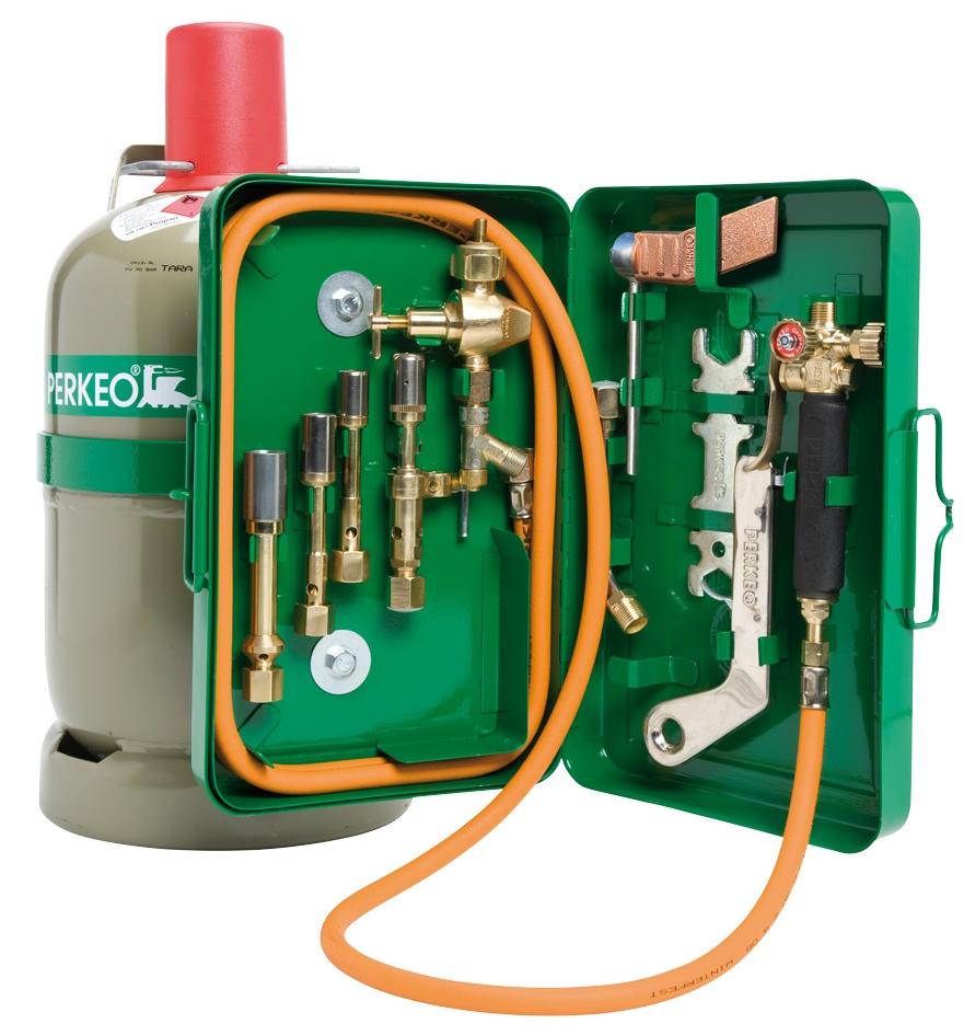 PERKEO hard- en zachtsoldeersysteem met 5 kg fles in plaatstalen doos, G3/8" LH