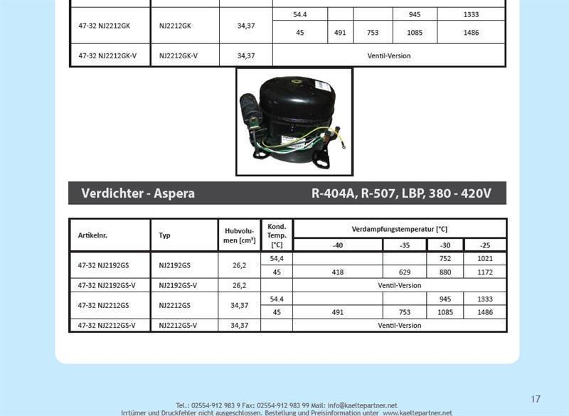 Kompressor Aspera Embraco NJ2192GS, LBP - R404A/R507, R452A, 400 V/3Ph/50 Hz