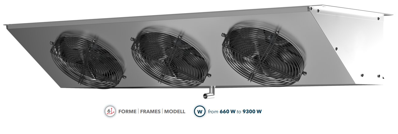 EVP3X254 evaporador de techo inclinado, 2,43 kW, ventilador 3x254, desescarche eléctrico, 230/1/50Hz