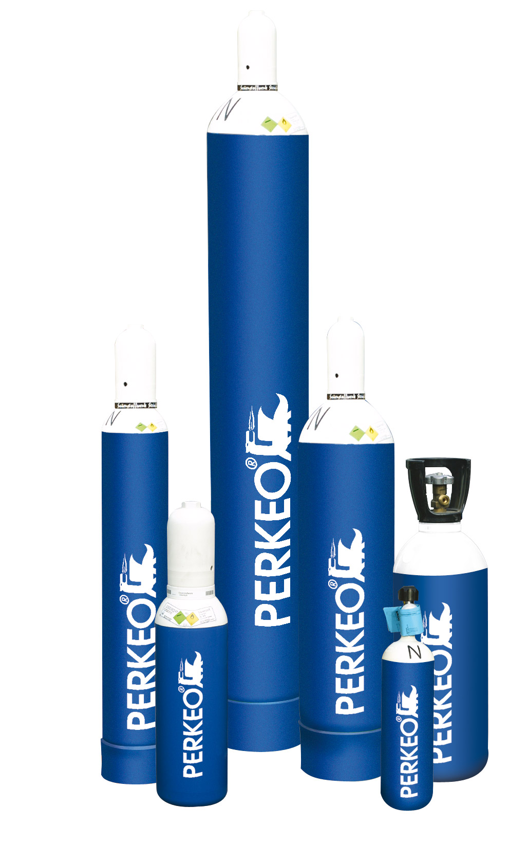 Bouteilles d'oxygène PERKEO en acier avec valve et bouchon, remplies, capacité 1 L