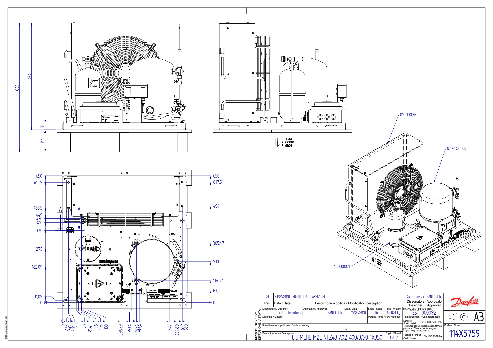 Danfoss LCQN048NTA02G 114X5759 Unidad de alimentación Optyma R452A 230V LBP
