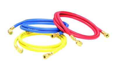 PERKEO Kits de tuyaux de réfrigérant - bleu, rouge et jaune avec raccord 1/4" SAE (7/16" UNF), 55bar, L=1,5m