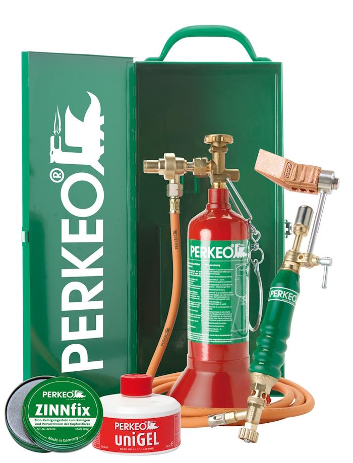 PERKEO EASYBOX soft soldering system as a set with transport sheet steel box with copper piece, ZINNFIX, UNIGEL and cap, hammer mould cranked, M10x1 LH