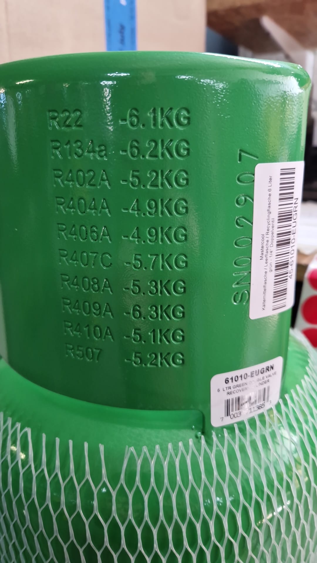 Bouteille de réfrigérant / bouteille vide / bouteille recyclée 6 litres vert - 1/4" double valve