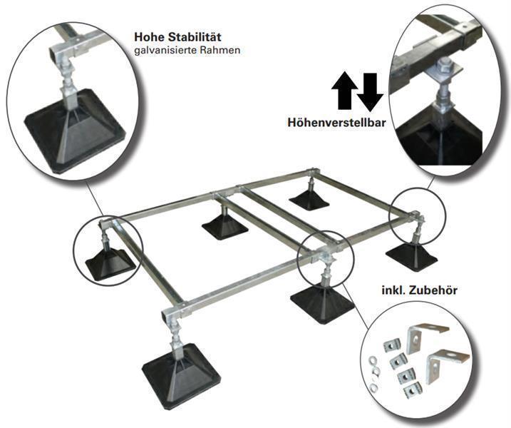 Soporte para tejado plano 1000x1300 mm, longitud total 1450 - 1670 mm, capacidad de carga 700 kg, 4 pies