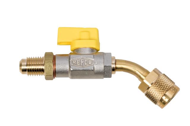 Refco 4682412 Kulavstängningsventil gul med spakhandtag CA 1/4" x 1/4"SAE-Y45° böjd