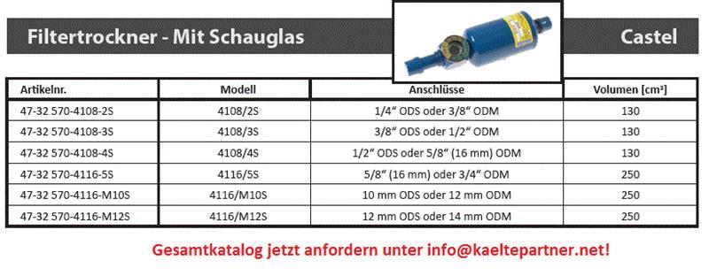 Filtro essiccatore Castel 4116/M10S, 163S, 10 mm ODS, + vetro spia - non disponibile, sostituito da DI316N/M10S