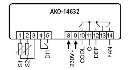 AKO 14632 sterownik chłodniczy, 230V, NTC, 3 przekaźniki, montaż naścienny