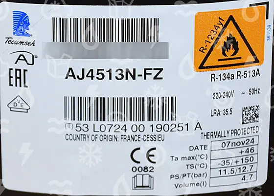 Compressore Tecumseh AJ4513N-FZ, HBP - R134a/R1234yf/R513a, 220-240V/1Ph/50Hz