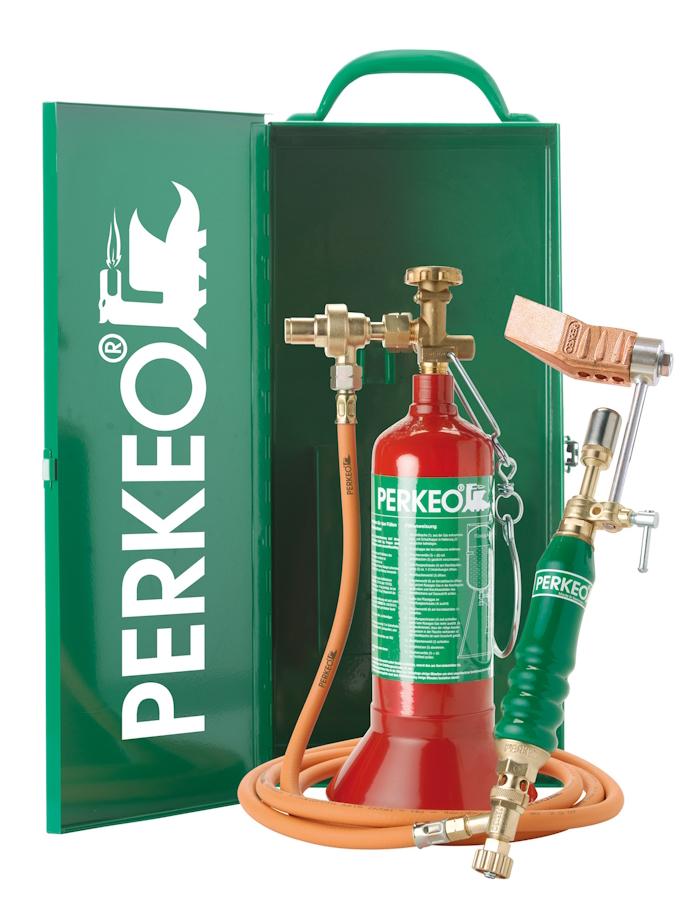 Sistema de soldadura blanda PERKEO EASYBOX en juego con caja de transporte de chapa de acero con pieza de cobre, forma de martillo, G3/8" LH