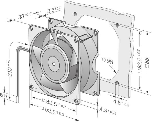 ebm-papst 3856 AC wentylator osiowy 230V 1Ph 50Hz 26dB(A) 9W 92x92x38mm przewody