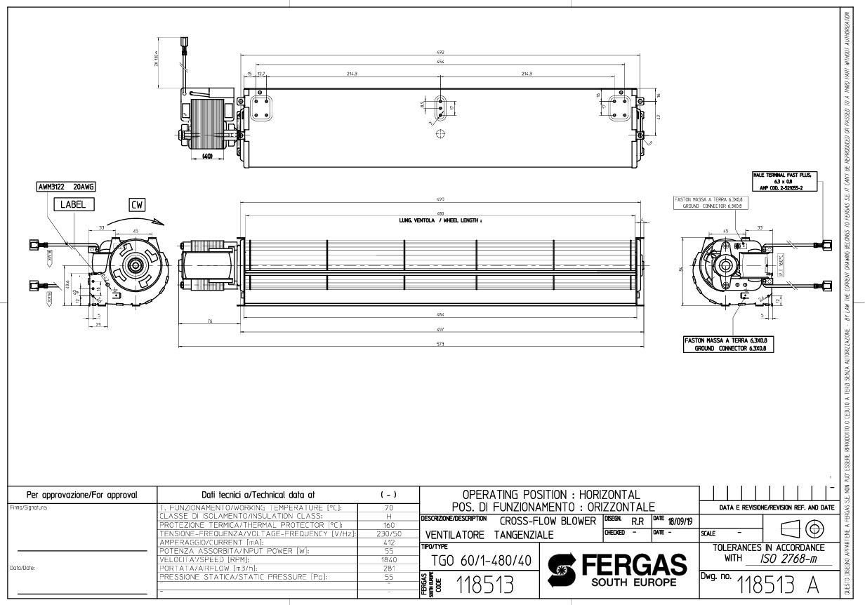 Universele dwarsstroomventilator, 480x60 mm, motor links, 55W