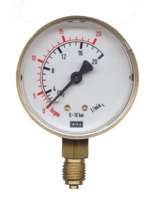 Manomètre de sécurité PERKEO Argon/CO2, travail, Ø 63mm, G1/4" RH, 0-30 Nl/min