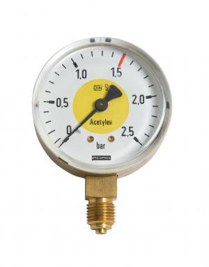 PERKEO acetylene safety pressure gauge, contents, Ø 63mm, G1/4" RH, 0-40/26 bar