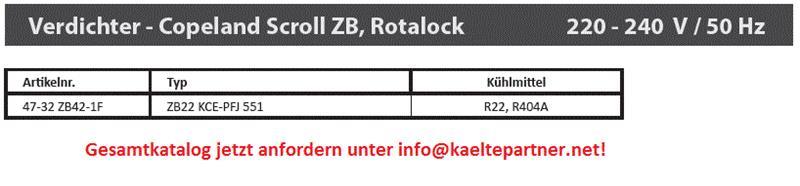 Compresseur Copeland Scroll ZB42KCE-PFJ-551, R404A, 220-240V