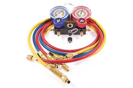 Brass 2-way valve block - piston valves MC, R134a, R404A, R407C, R22, R507A, + hoses