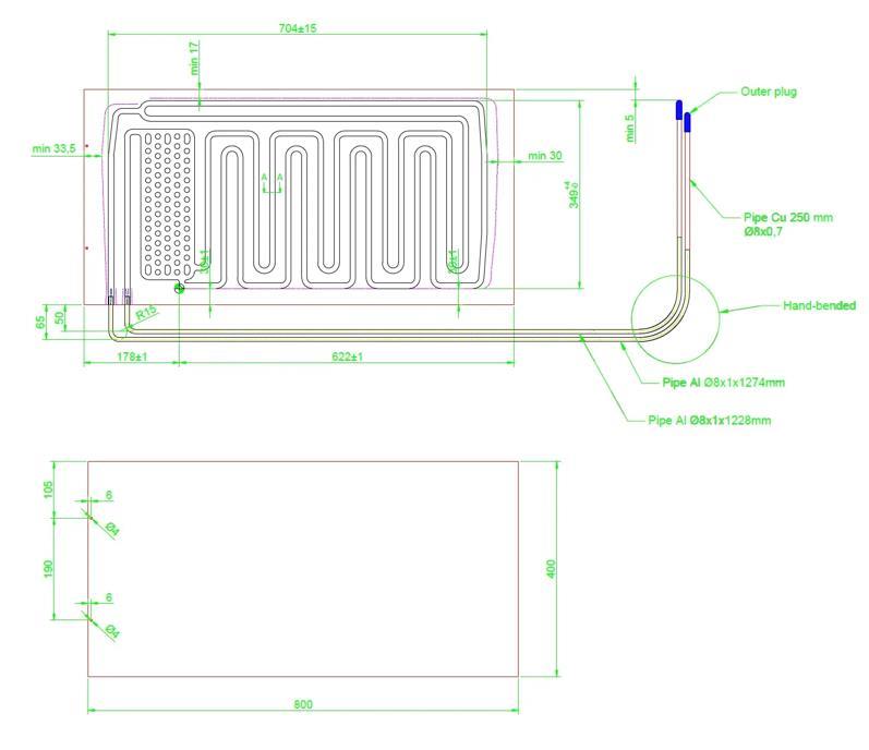 Evaporador de placas 400 x 800 mm, salida de tubo, Talum