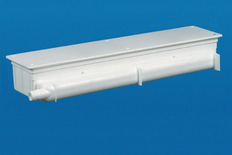 Reversible condensate drip tray (flush-mounted box for shell construction) with horizontal drain - 427 x 113 x 65 mm