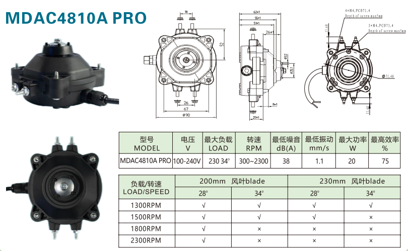 Energooszczędny silnik wentylatora MDAC4810A PRO, 100-240 V/50-60 Hz, 20 W, 2300 obr.