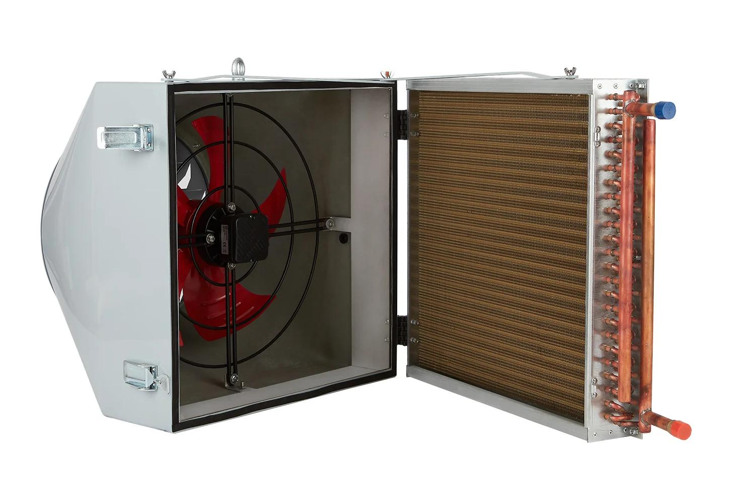 Nagrzewnica wodna/powietrzna Reventon serii FARMER 230V AC Farmer OpenAir IP66 54,3kW
(wydajność grzewcza: temperatura wody 90/70°C, temperatura pomieszczenia 0°C)