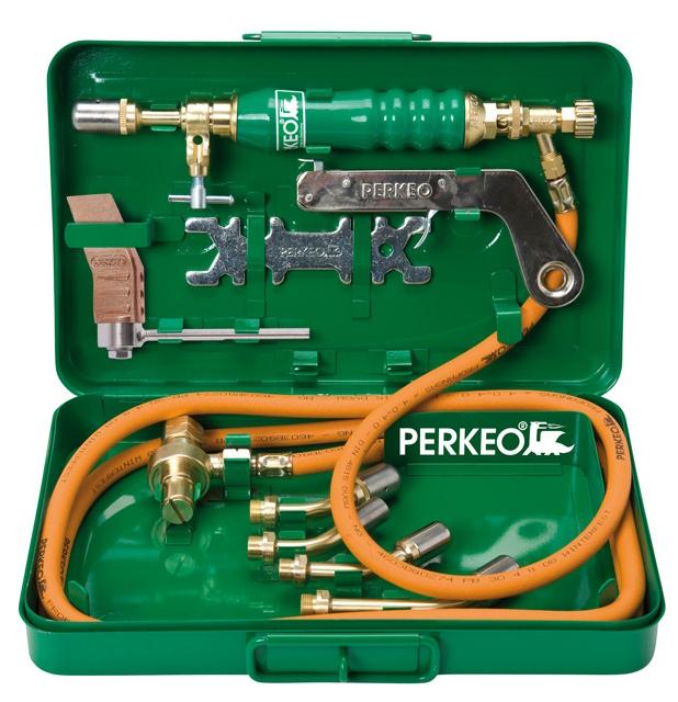 PERKEO propane soft and lead soldering system with copper piece in sheet steel box for 0.425 kg assembly cylinders, G3/8" LH