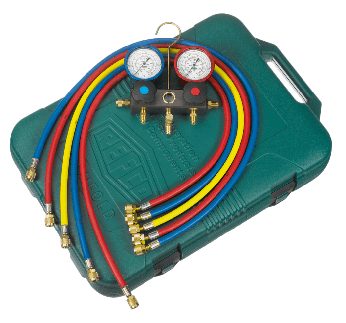 Refco 9883511 Ayuda de montaje de 2 vías M2-3-DELUXE-M-R134a con manómetro de fuelle metálico R3 relleno de aceite