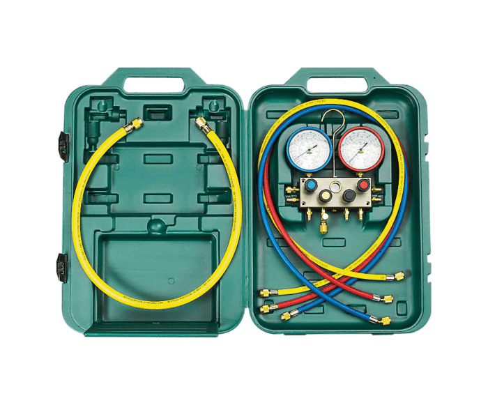 Refco 9885008 4-way assembly aid M4-3-DELUXE-M-R134a with oil-filled R5 metal bellows pressure gauge