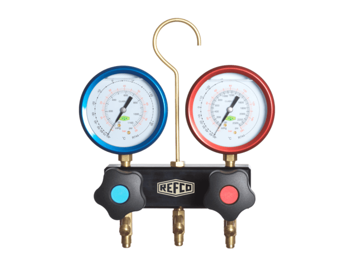 Refco 4688878 M2-3-DELUXE-DS-R744-TC Ayuda de montaje de 2 vías con manómetro de fuelle metálico R3 relleno de aceite