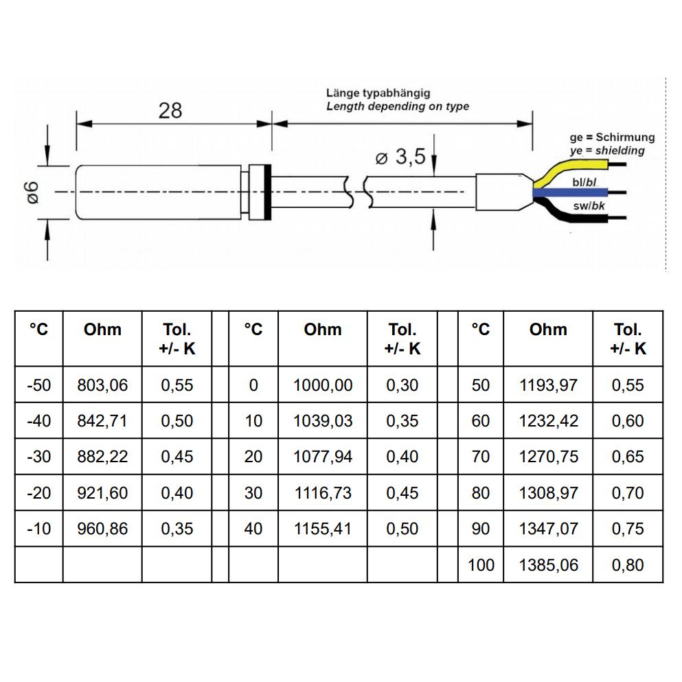 Czujnik Elreha TF501 Czujnik PT1000 PVC-S -25-80°C 3 m