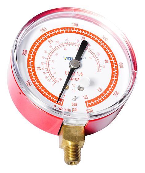 Manometer, Druckmesser, Schwarzzeiger, rotes Gehäuse, Valvedapter