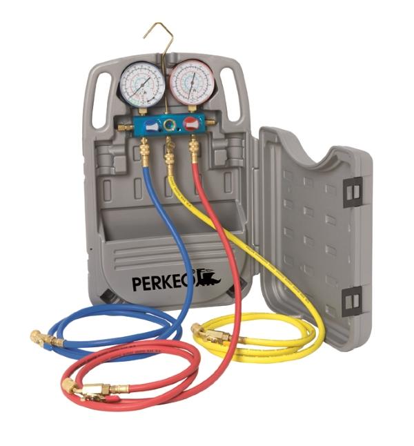 PERKEO MOMO 2, ayuda de montaje de 2 vías para R407C, R404A, R134a, R507, manómetro de 80 mm, clase 1.0