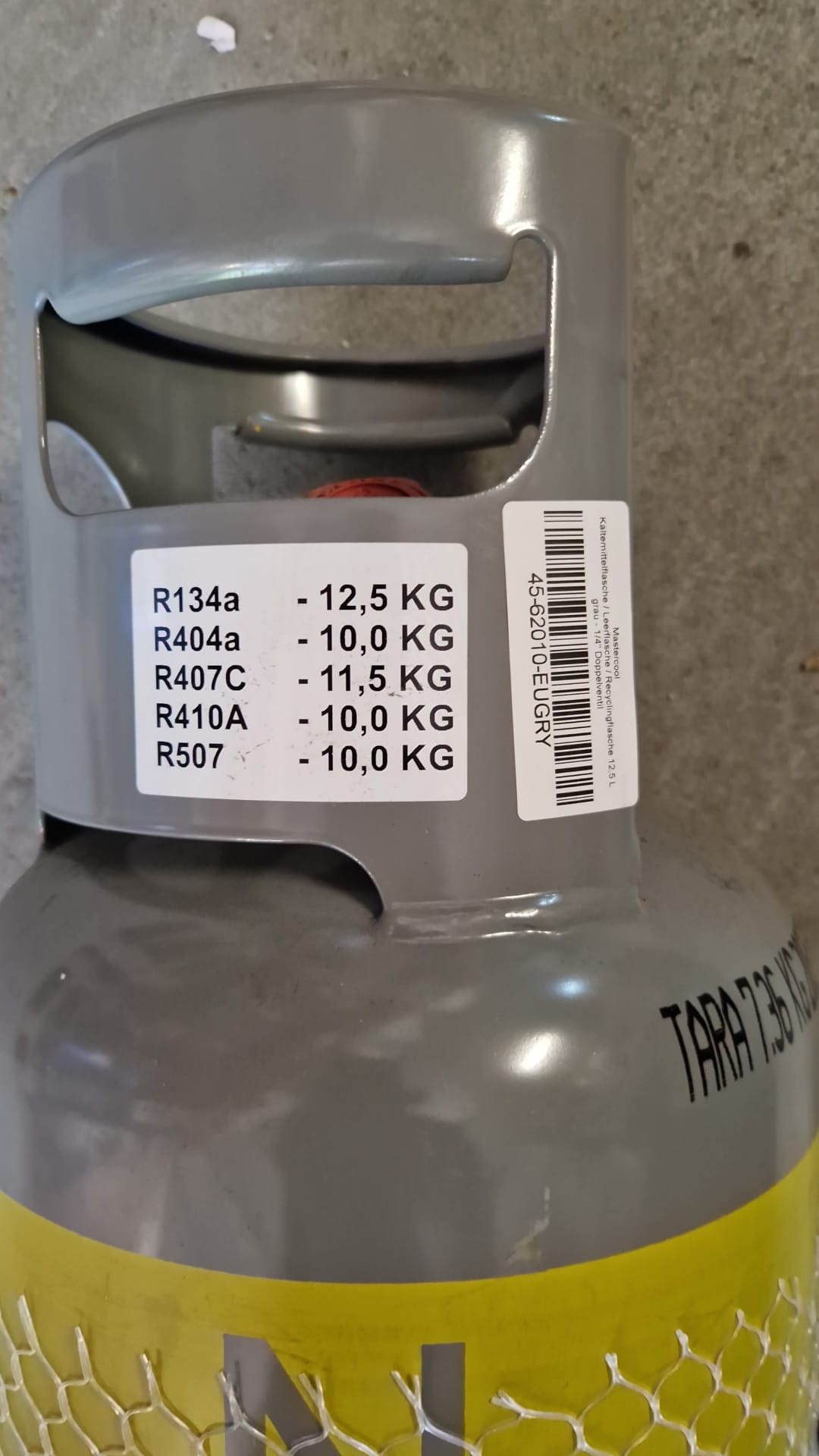 Butla na czynnik chłodniczy / pusta butelka / butelka do recyklingu 12,5 l szara - podwójny zawór 1/4"