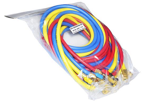 Vulslangset met kogelkraan SH, R134a, 3 x 5 m (200"), aansluiting 1/4" SAE, rood, blauw, geel