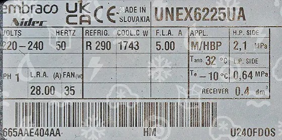 Agregat skraplający EMBRACO UNEX6225U, MBP - R290, 220-240V 50Hz