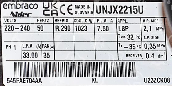 Agregat skraplający EMBRACO UNTX2215U, LBP - R290, 220-240V 50Hz