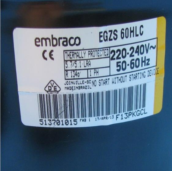 Compressor Aspera Embraco EGZS60HLC, L / MBP - R-134A, 220-240V, 50-60Hz - Niet beschikbaar, vervangen door opvolger